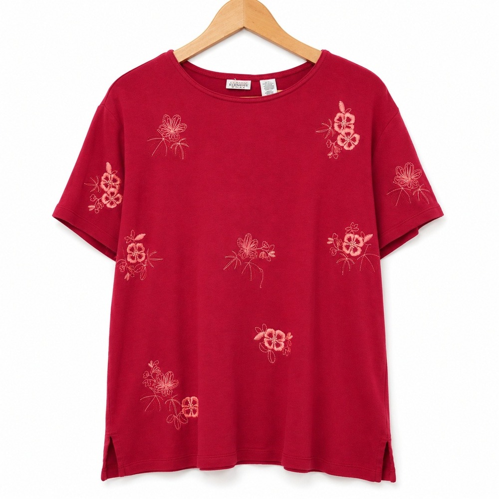 Classic Elements Woman Floral Embroidered Top Plus 16-18W Red Excellent Casual